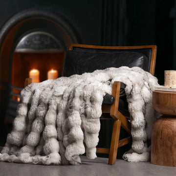 Faux Rabbit Fur Bubble Throw Blanket, 90"x90", Light Grey | Ultra Soft, Luxury Faux Rabbit Fur Throw, Thick Warm