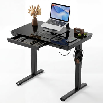 32" Small Glass Top Standing Desk with Drawers & USB Ports, Black