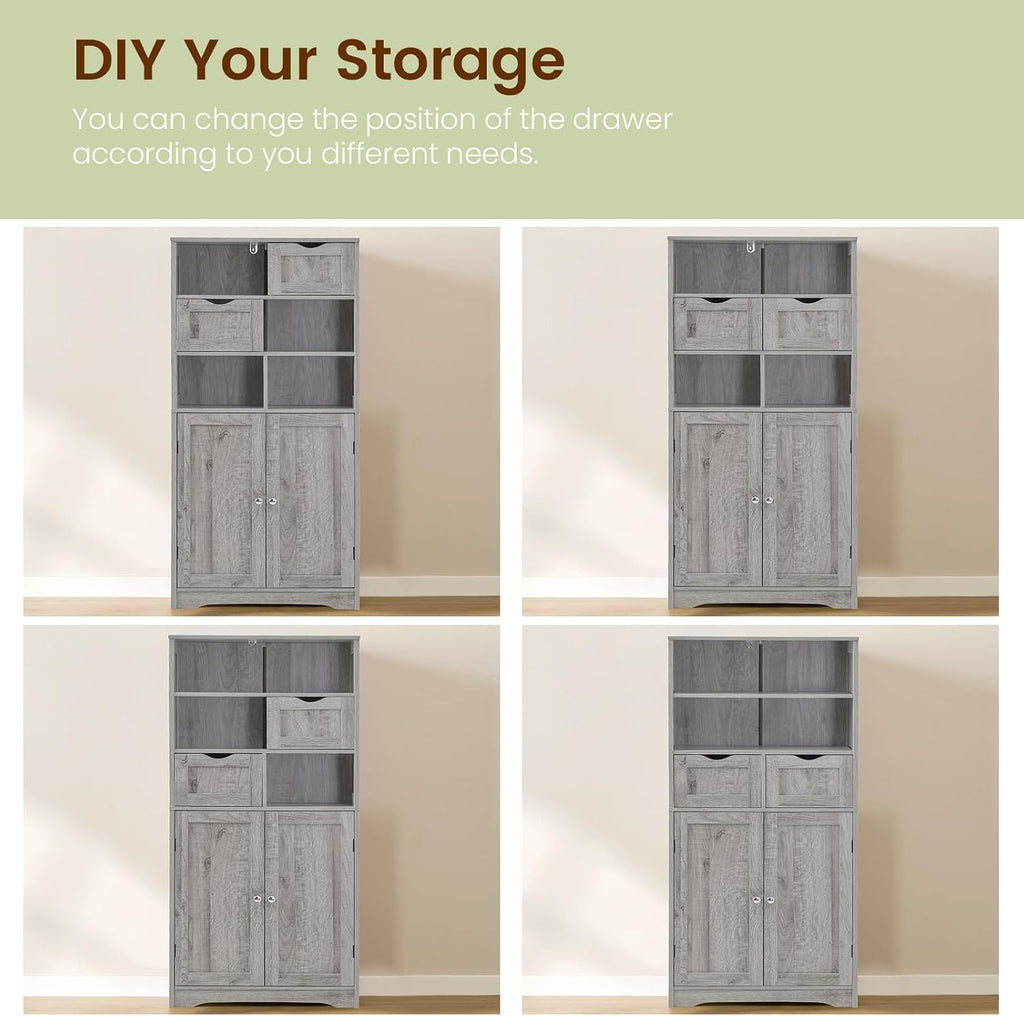 Storage Cabinet with 2 Drawers & Adjustable Shelf, Tall Bathroom Cabinet with Doors, Cupboard, Kitchen Cabinets , Grey