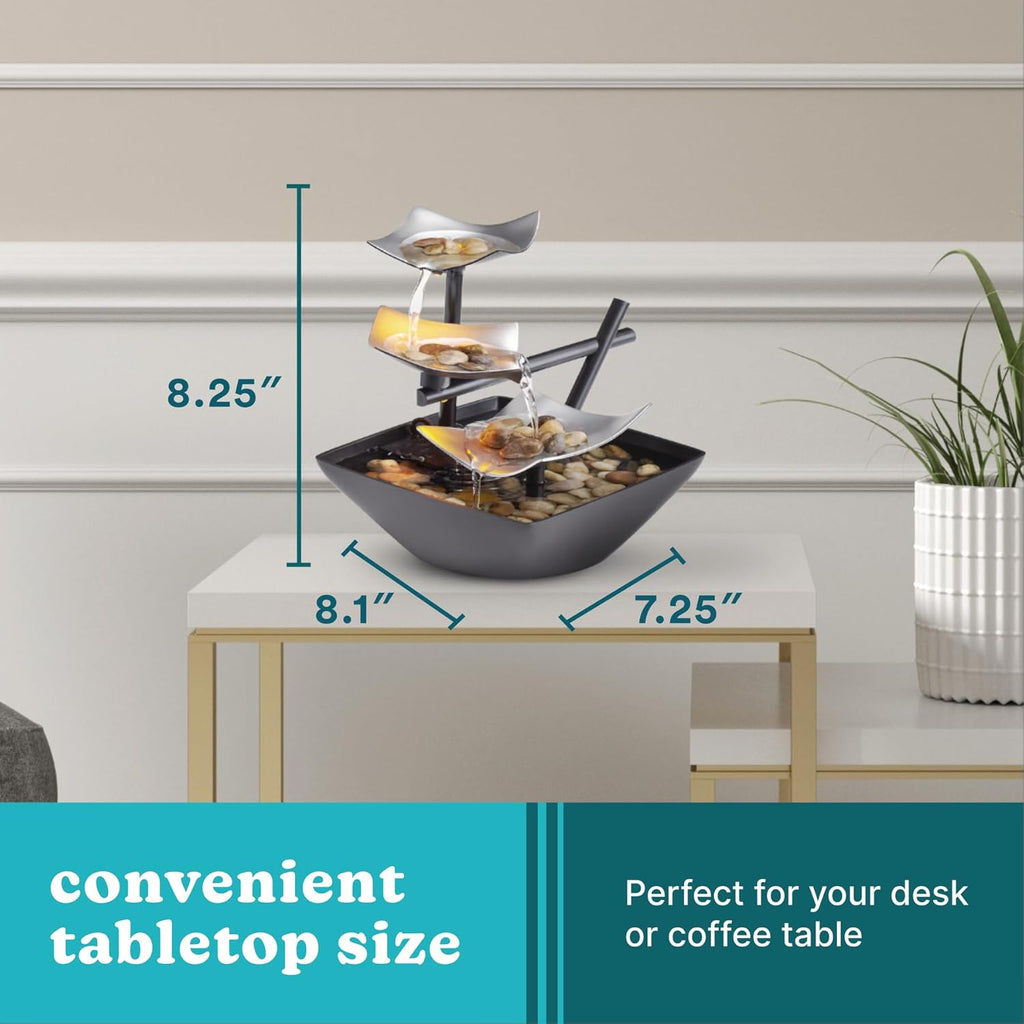 Tabletop Water Fountain, Home Décor Soothing Sound Machine - Automatic Pump, Deep Basin & Natural River Rocks. Indoor