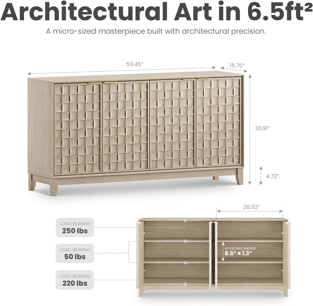 Fluted Sideboard Cabinet with Storage - Solid Wood Buffet for Dining Room, Credenza Console with Adjustable Shelves