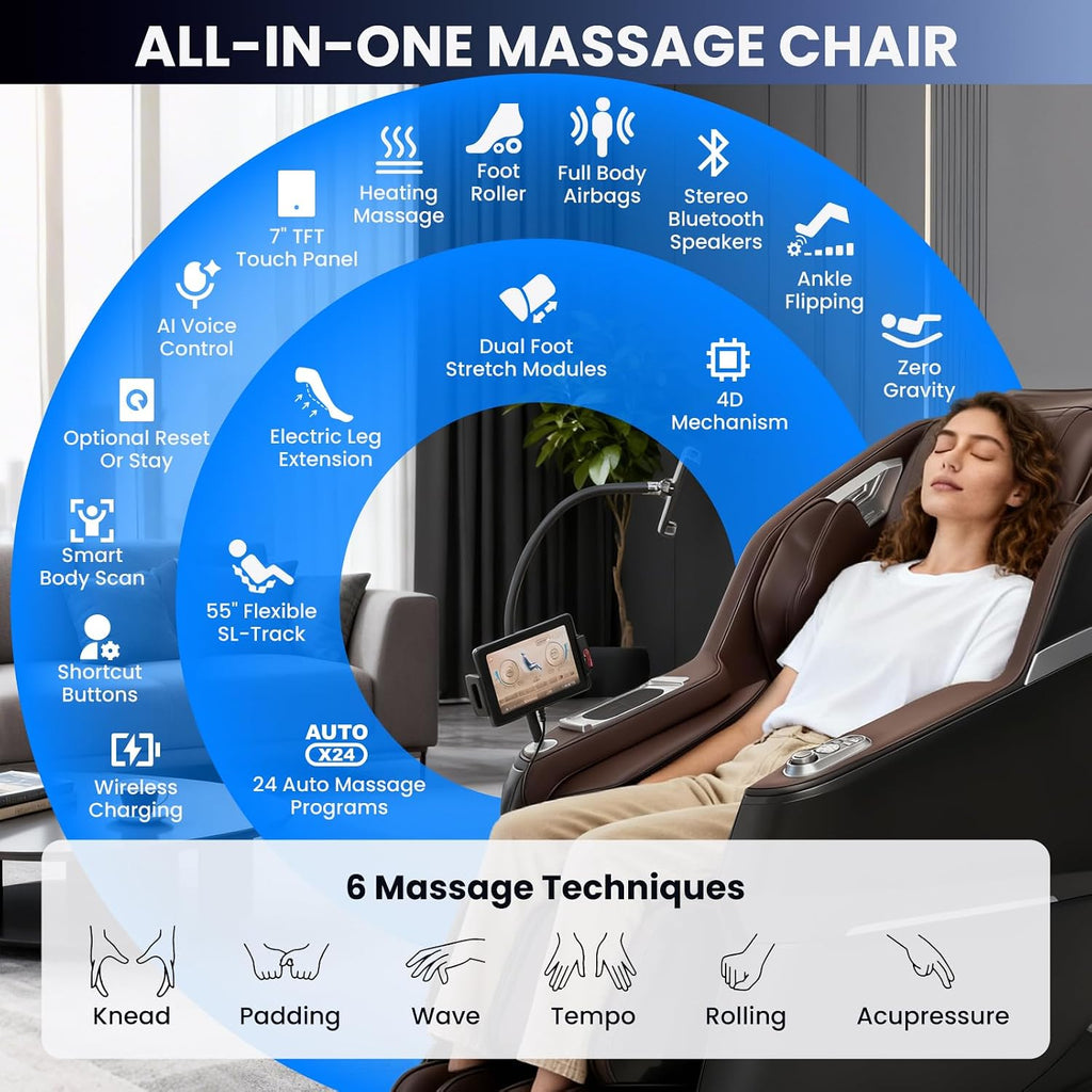 4D Massage Chair Full Body with Space Walk & Ankle Stretch, 2026 Zero Gravity 55" SL-Track Shiatsu Massage Chair