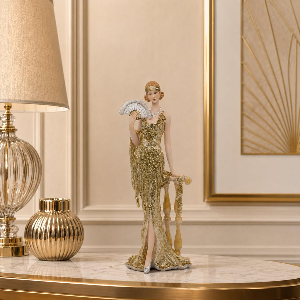 13 Inch Victorian Lady Figurine, Art Deco Fan Statue