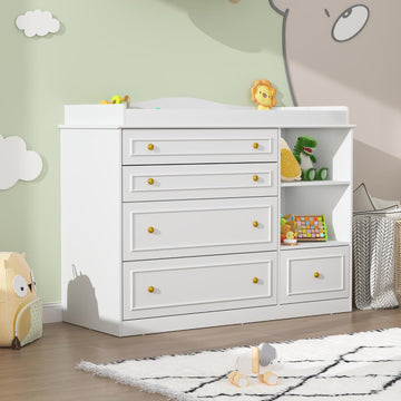 White Changing Table Dresser, Baby Nursery Dresser, Baby Diaper Changing Table, 5 Drawers, Adjustable Shelves, Metal