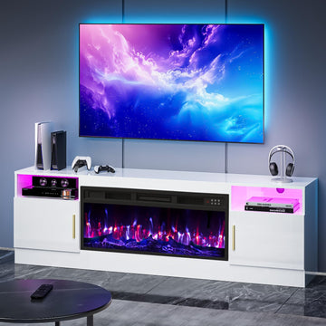 TV Stand with Fireplace, 70 Inch Fire Places TV Stand, 36" White Electric Fireplace TV Stands, LED Entertainment