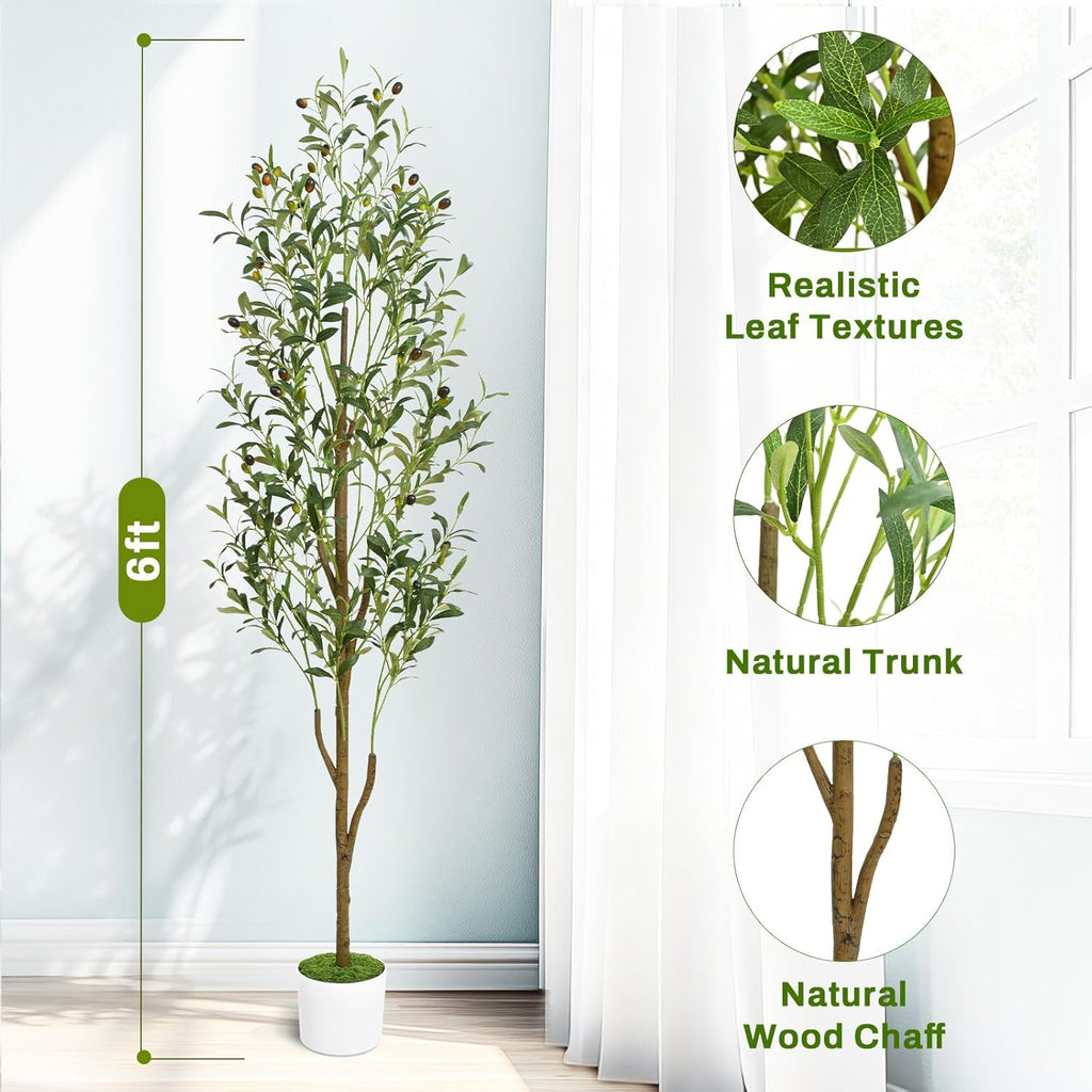 Artificial Olive Tree, 6FT Tall Faux Olive Trees with Planter & Basket, Artificial Plants Indoor with Natural Wood