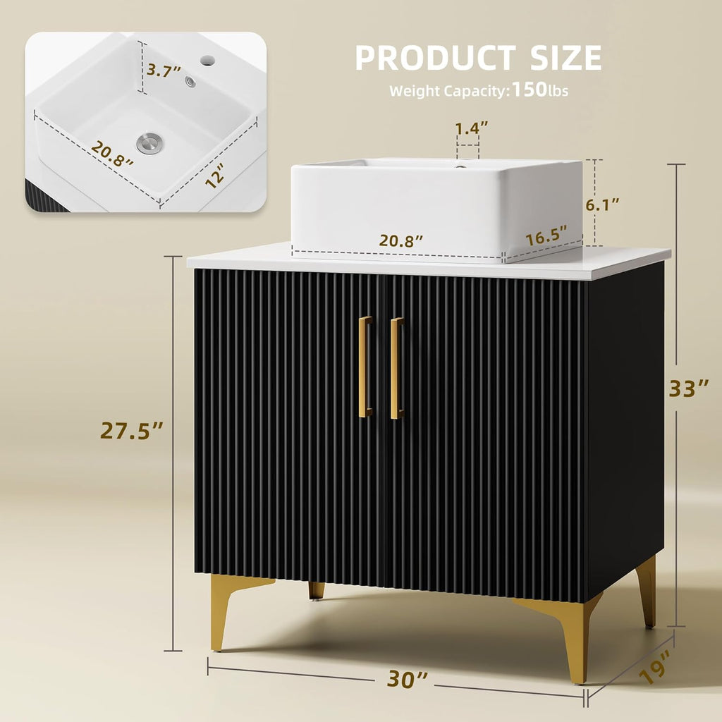 30 Inch Bathroom Vanity with Vacuum Forming, Freestanding Storage Cabinet Vanity with Engineered White Stone Countertop, 2 Large Soft Closing Doors with Shelf, Gold Handles & Legs, Black