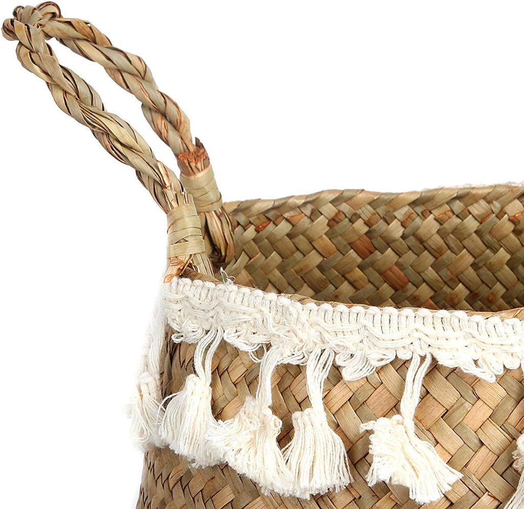 Tassel Macrame Woven Seagrass Belly Basket for Storage, Decoration, Laundry, Picnic, Plant Basin Cover, Groceries and