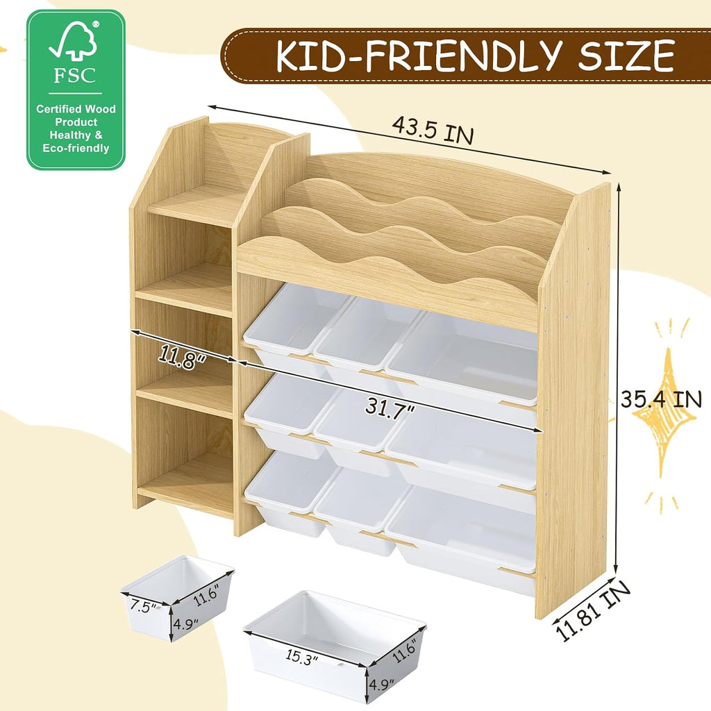 Toy Storage Organizer, Scalloped Bookshelf, 4 Toy Shelves, 9 Bins | Scalloped top book display, 4-tier side shelves