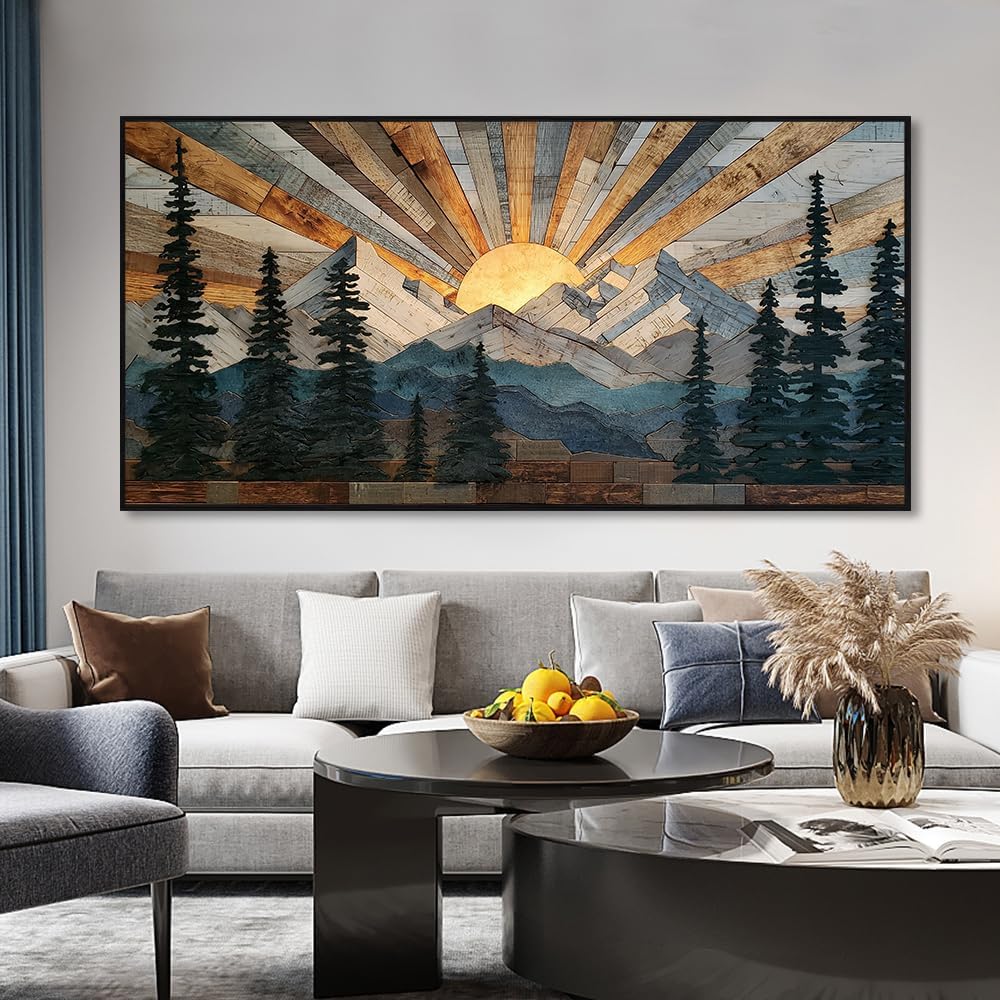Boho Mountain Framed Wall Art Sunrise Pine Tree Forest Nature Scenery Painting Pictures Farmhouse Wall Decor Rustic