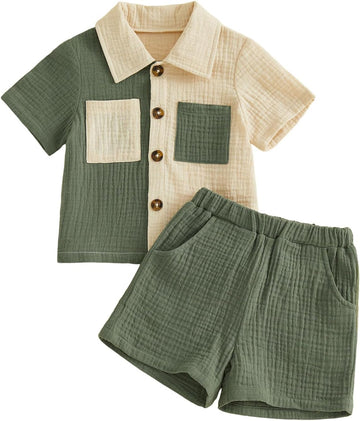 Baby Boys Summer Outfit Color Blocking Button Down Shirts + Shorts Cotton Gauze 2PCS Toddler Clothes Set with Pockets