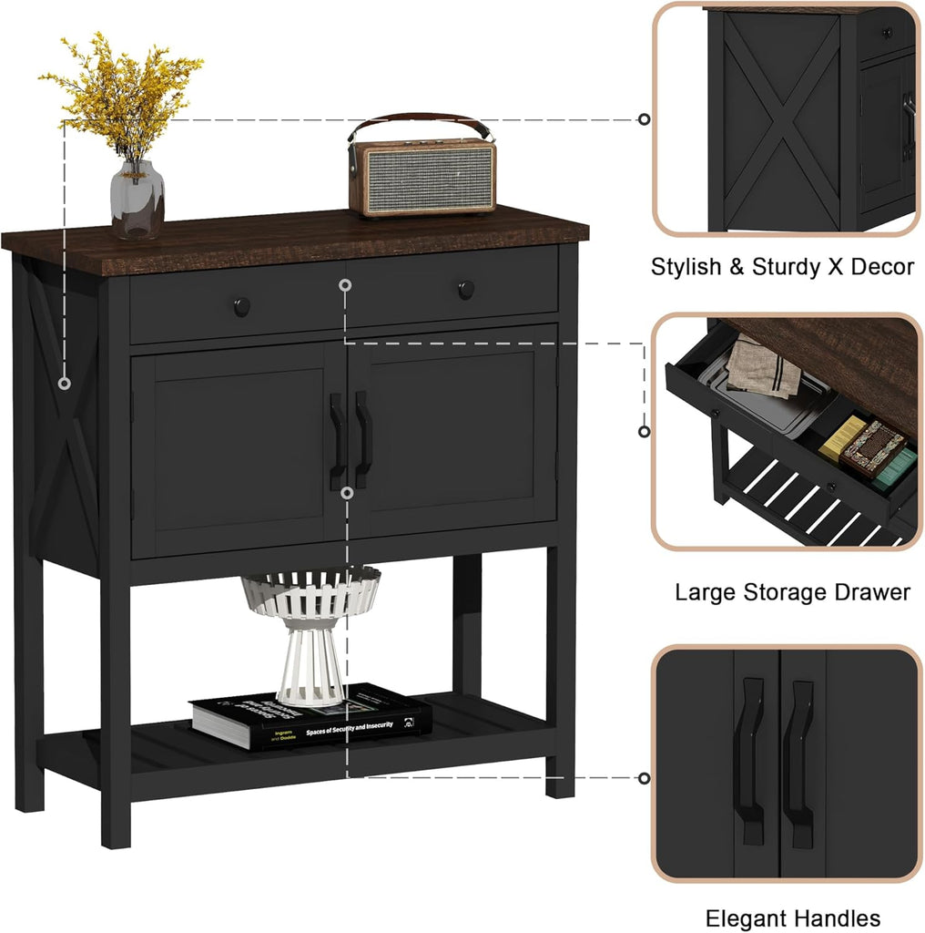 Farmhouse Console Table, Entryway Table with Storage Shelf, Coffee Bar Cabinet, Narrow Buffet Sideboard for Kitchen