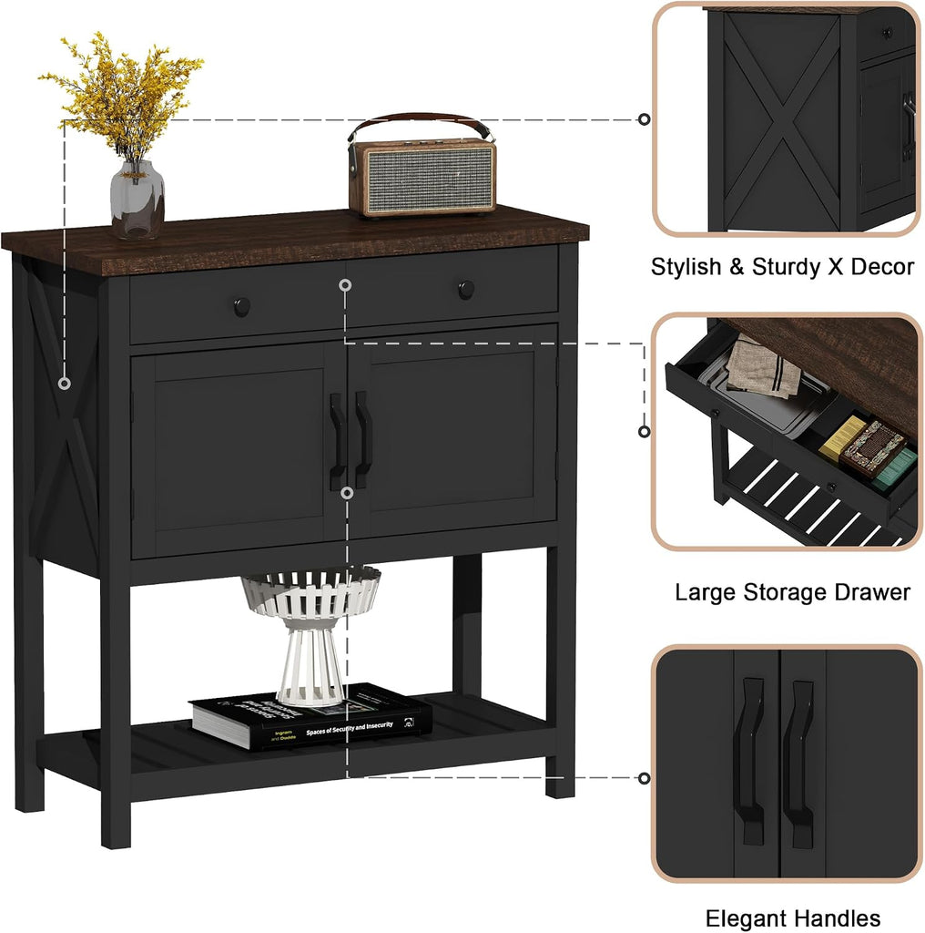 Farmhouse Console Table, Entryway Table with Storage Shelf, Coffee Bar Cabinet, Narrow Buffet Sideboard , Black