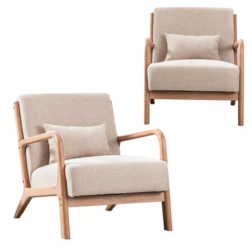Mid-Century Modern Accent Chair Set of 2, Upholstered Living Room Chairs with Waist Cushion, Reading Armchair Sunroom