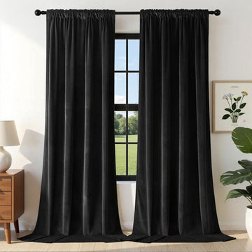 Black Velvet Curtains 120 inches Long 2 Panels, Luxury Blackout Rod Pocket Thermal Insulated Window Curtains, Super