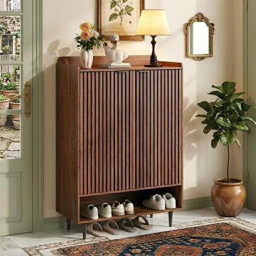 Shoe Cabinet with 2 Doors , 21 Pairs Wooden Shoe Storage Cabinet with Adjustable Shelves, Farmhouse Hidden Shoe