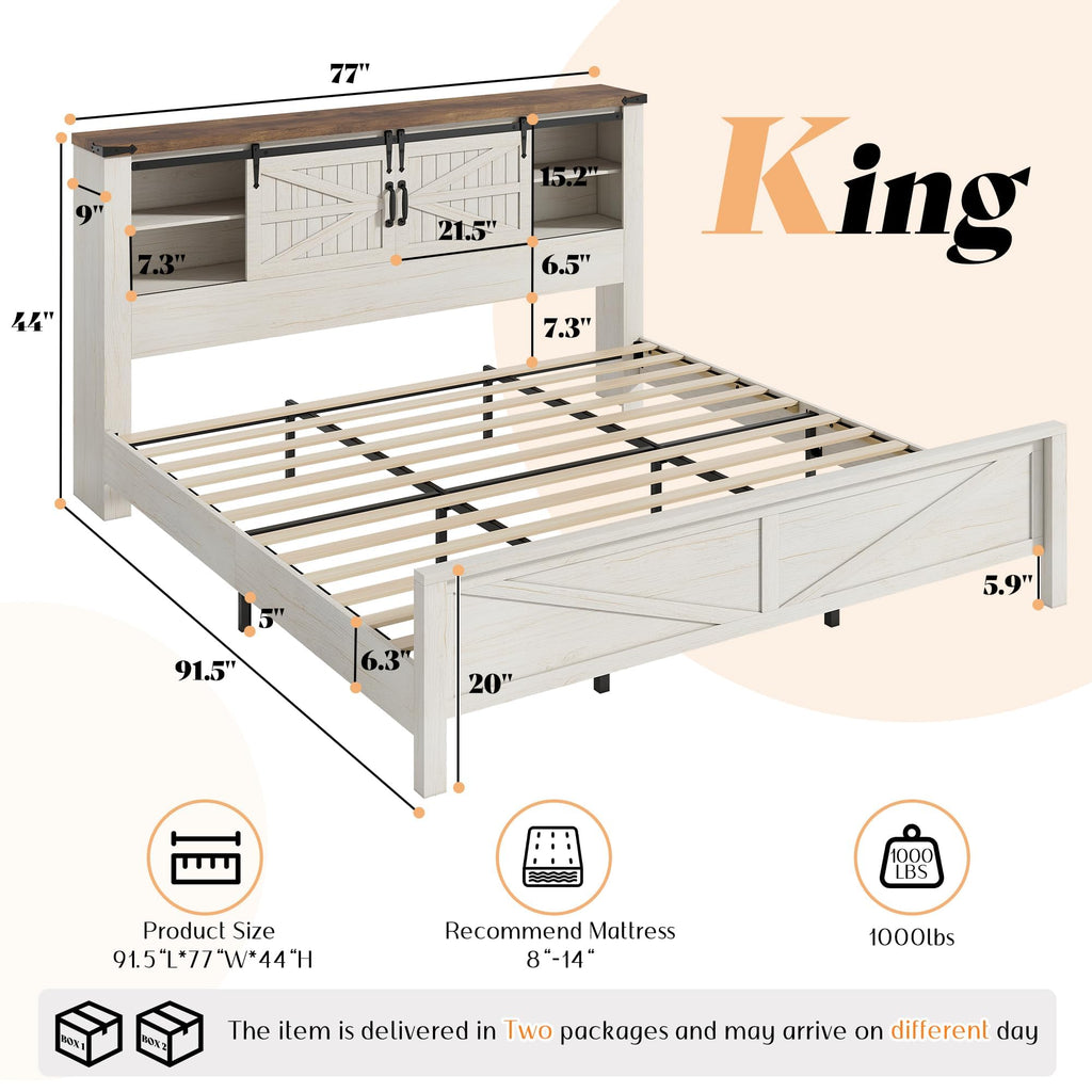 King Size Farmhouse Platform Bed Frame with Bookcase Storage Headboard, Built-in Power Outlet & USB Ports, Rustic