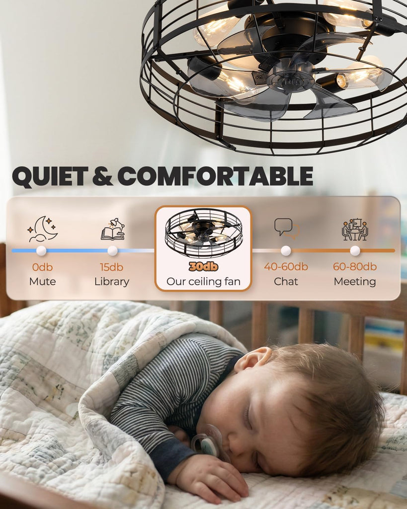 23 Inch Farmhouse Caged Ceiling Fan with Light, Remote Control Flush Mount Fan Lights Ceiling Fixtures