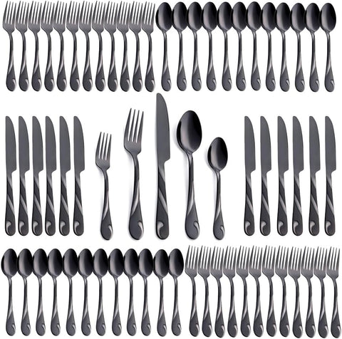 Black Silverware Set for 12, 60-Piece Stainless Steel Flatware Set, Shiny Black Metal Cutlery Set, Include Fork