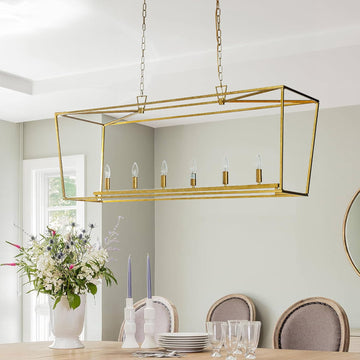 L54 in 6-Light Modern Farmhouse Geometric Industrial Candlestick Cage Chandelier Adjustable Height Kitchen Island Chandelier in Matte Gold for Dining Table