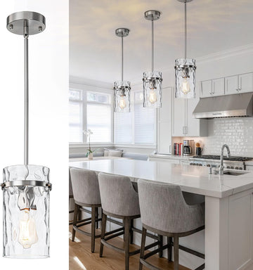 5.5" Brush Nickel Hammered Glass Pendant Lights for Kitchen, Brushed Nickel Pendant Lights Kitchen Island, Modern