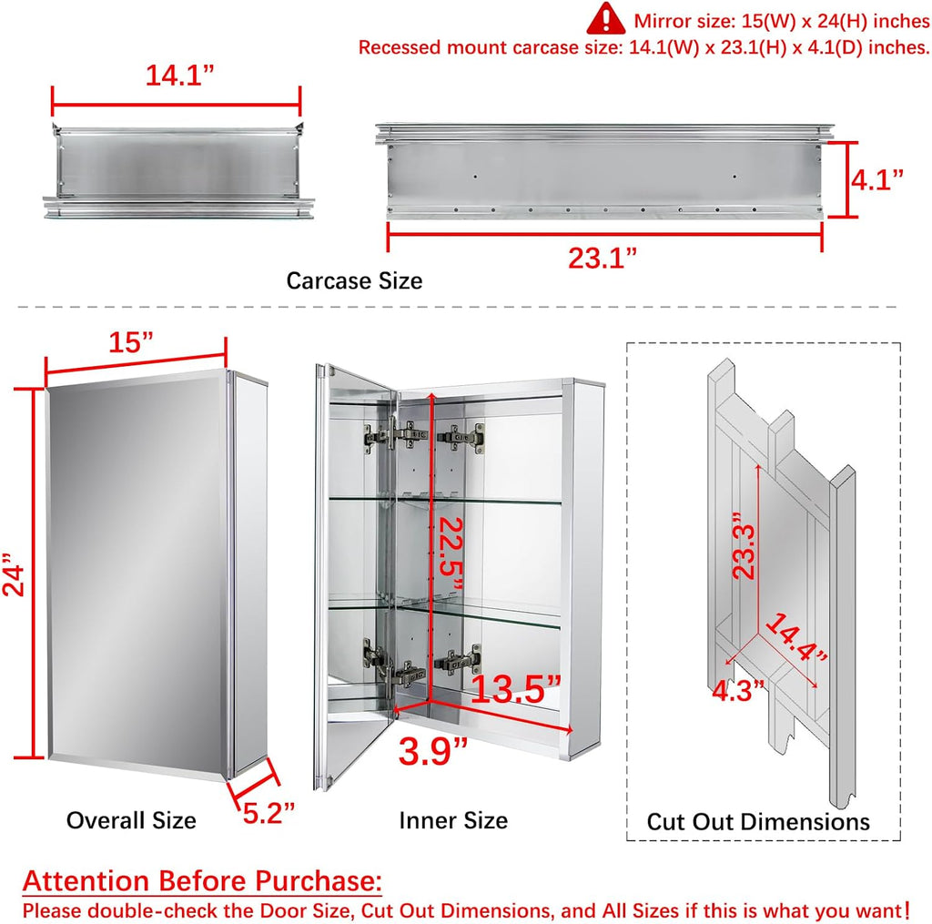15 x 24 Medicine Cabinet, Recessed Mount Only, Two Adjustable Glass Shelves | In-Wall Medicine Cabinet, Aluminum
