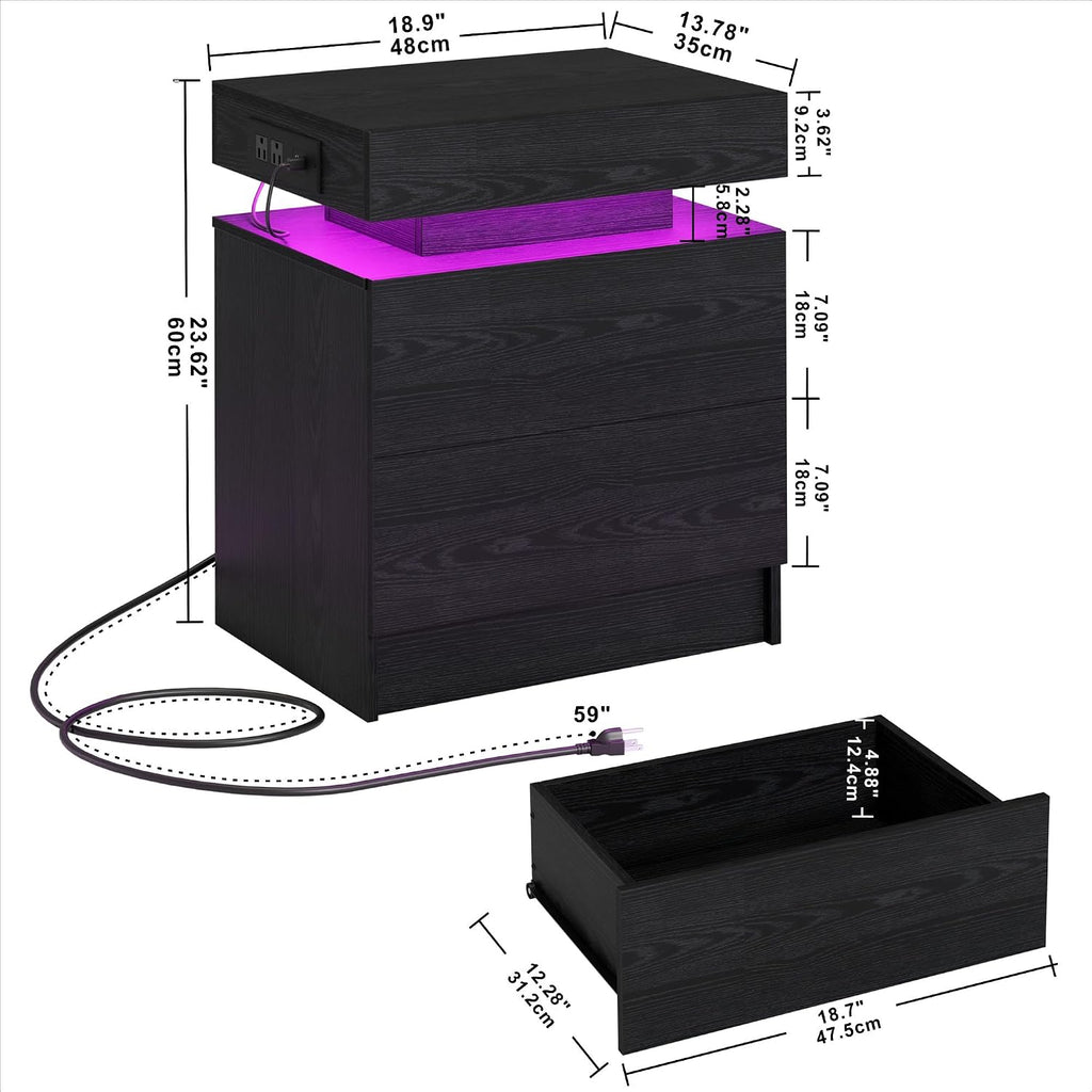 Nightstand with Charging Station LED Light and 2 Drawers Black | bedside table; end table; charging station; LED