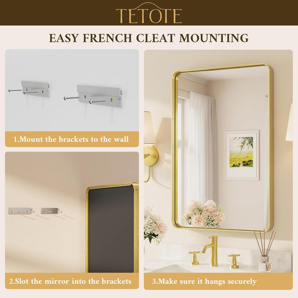 40 x 30 Inch Gold Bathroom Mirror, Brushed Brass Metal Frame Mirror for Vanity, Rectangle Wall Mounted Golden Modern