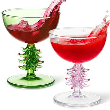 2 Pcs Christmas Tree Stemmed Wine Glasses 5.5oz, Pink and Green