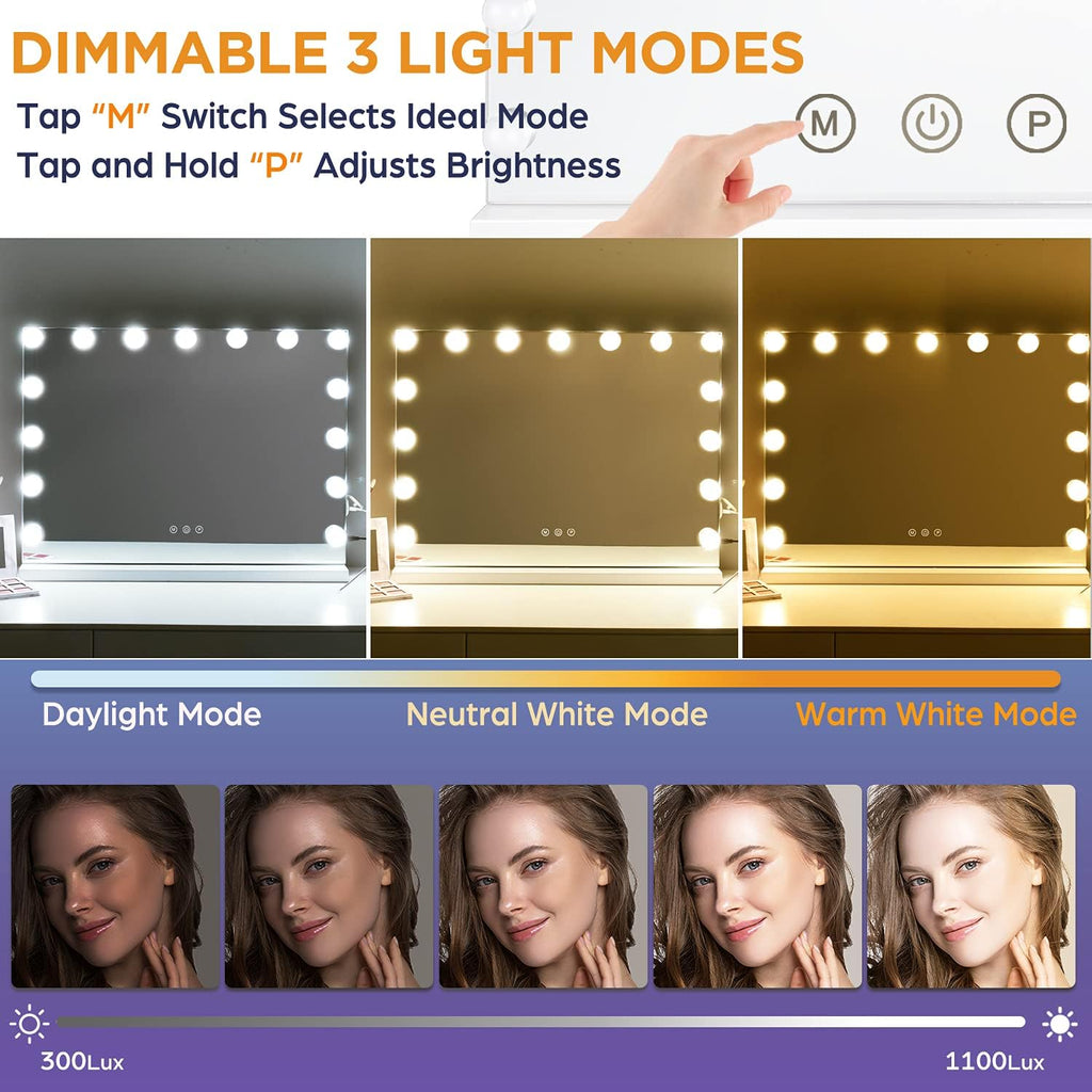 Hollywood Vanity Mirror with Dimmable 15LED Bulbs Lights 3 Lighting Modes 2in1 Large Lighted Makeup Mirror for Desk