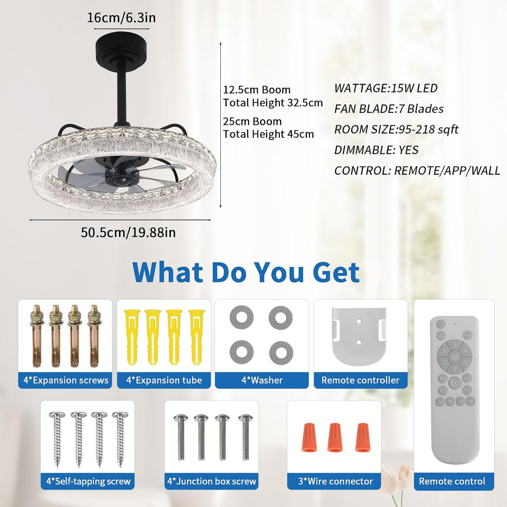 20" Ceiling Fans with Lights and Remote, Modern Crystal Chandelier Quiet Ceiling Fans