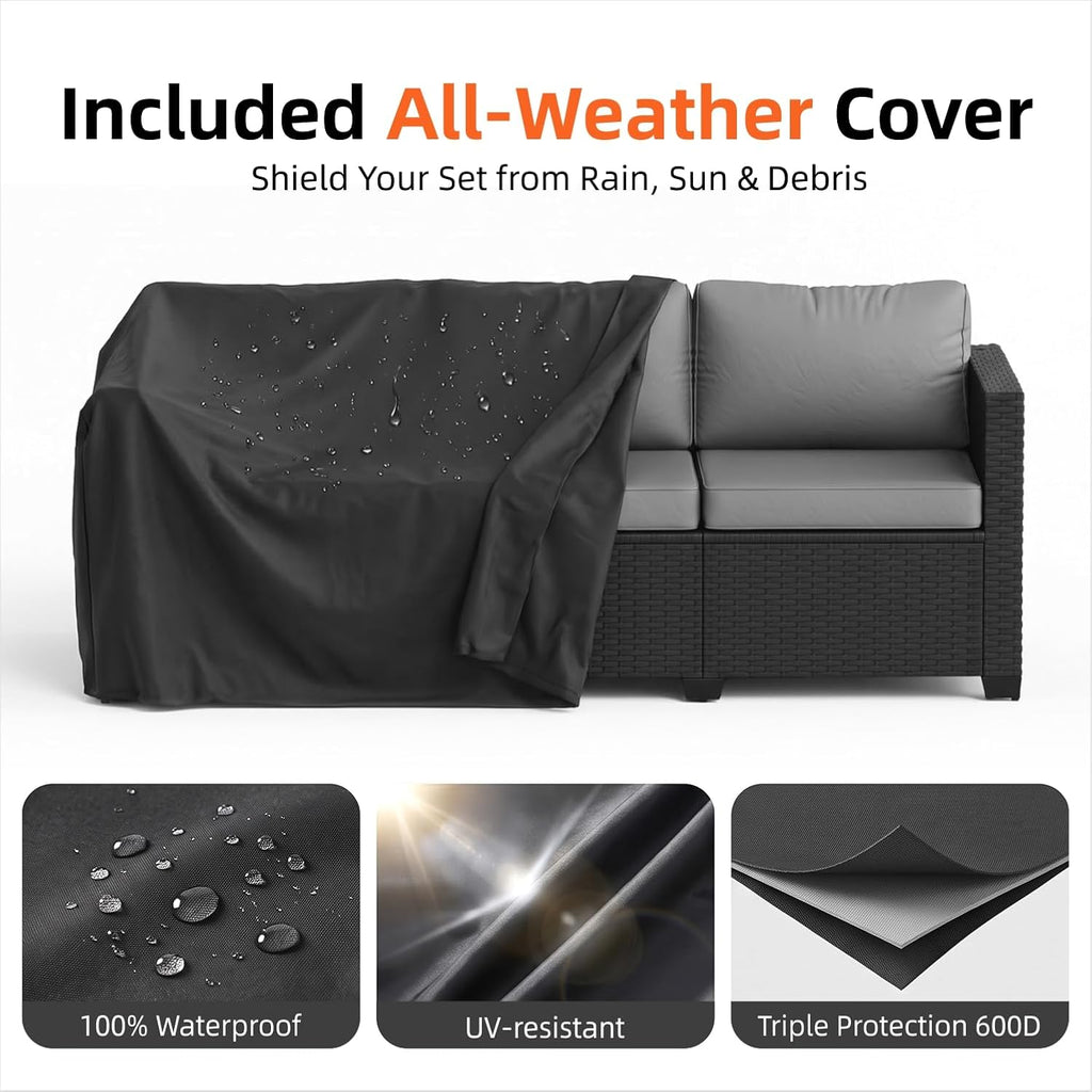 7-Piece Outdoor Patio Furniture Set, Grey | Rattan Outdoor Sectional with Thick Waterproof Cushions, Ottomans &