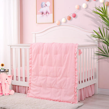3 Pieces Crib Bedding Set for Girls,Pink Solid Ruffle