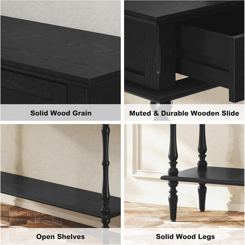 Console Table with 2 Drawers-Minimal Assembly,Black Retro Entryway Table with Storage Cabinets and Open Shelf,Narrow