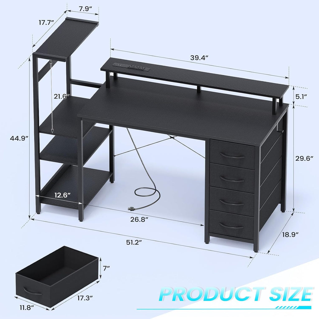 51in Gaming Computer Desk with Drawers & Power Outlet & LED Lights, Black | Gaming Table, Escritorio Gamer