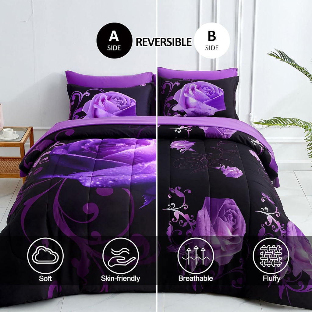 Purple Comforter Set, Reversible Purple Rose 7 Pieces Bed in a Bag