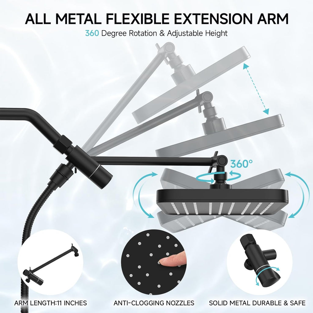 Rain Shower Head with Handheld Spray Combo Set, Adjustable 12" Rainfall Dual Shower Head, Double&Tandem Shower Head