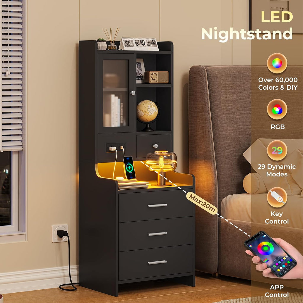 Tall Night Stand with Charging Station and LED Lights,49.2" Nightstand with Bookshelf, Black Bedside Table with