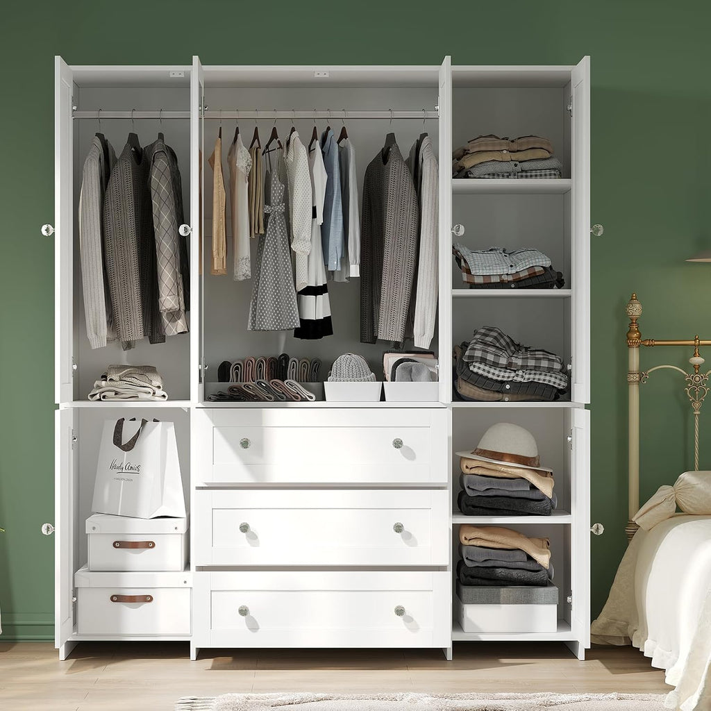 71" Armoire Wardrobe Closet with Drawers and Mirror, 6 Doors | Clothing Storage Cabinet with Hanging Rod, Wardrobe