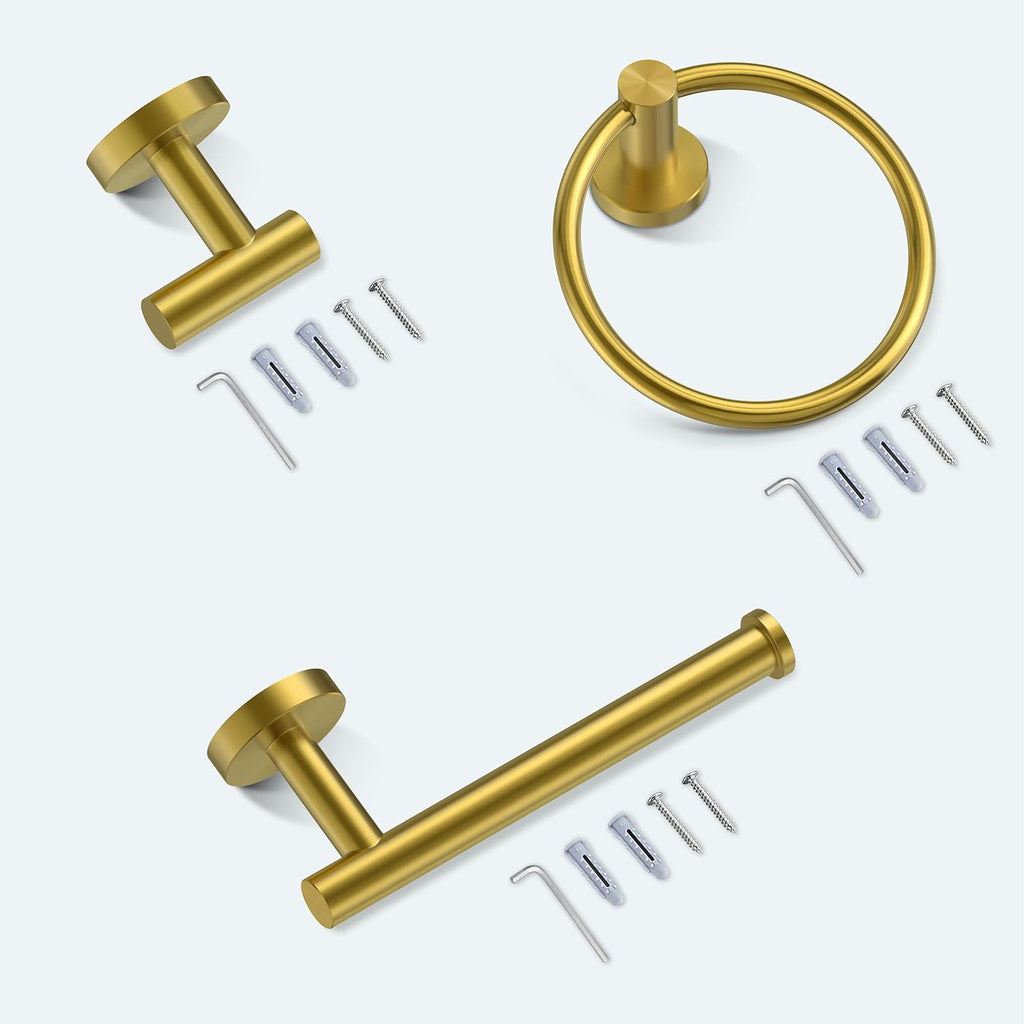 Bathroom Accessories Set, 4-Piece Bathroom Hardware Set | Brushed Gold | SUS304 Stainless Steel Towel Ring, 2 Towel