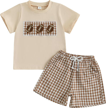 Kids Baby Boy Girl Football Outfit Embroidery Short Sleeve Shirt Plaid Shorts Cute Toddler Clothes Clothing Set