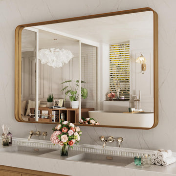 48X30 Inch Bathroom Mirror with Wood Grain Colored Metal Frame