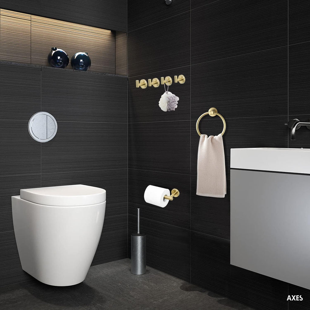 Brushed Gold Bathroom Hardware Set, Gold Toilet Paper Holder Towel Ring and 4 Robe Hooks Hand Towel Holder Bathroom