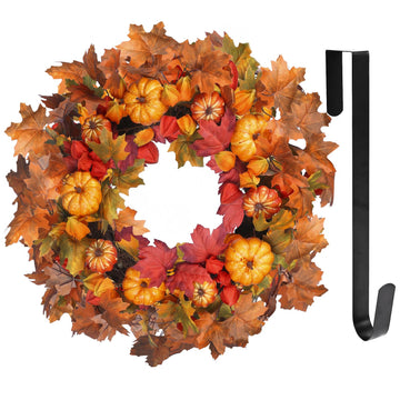 Thanksgiving Fall Wreath for Front Door 24 Inch Pumpkins Autumn Wreaths