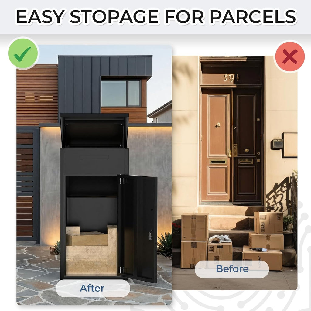 Package Delivery Box Theft Parcel Drop Box with Mailbox Waterproof Weather Resistant Full Metal Frame (Black
