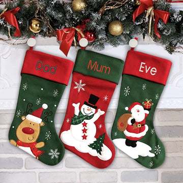 Personalized - Snowman Design - Embroidered Name - Large 18.5inch, Traditional Red and Green, Family Holiday Season