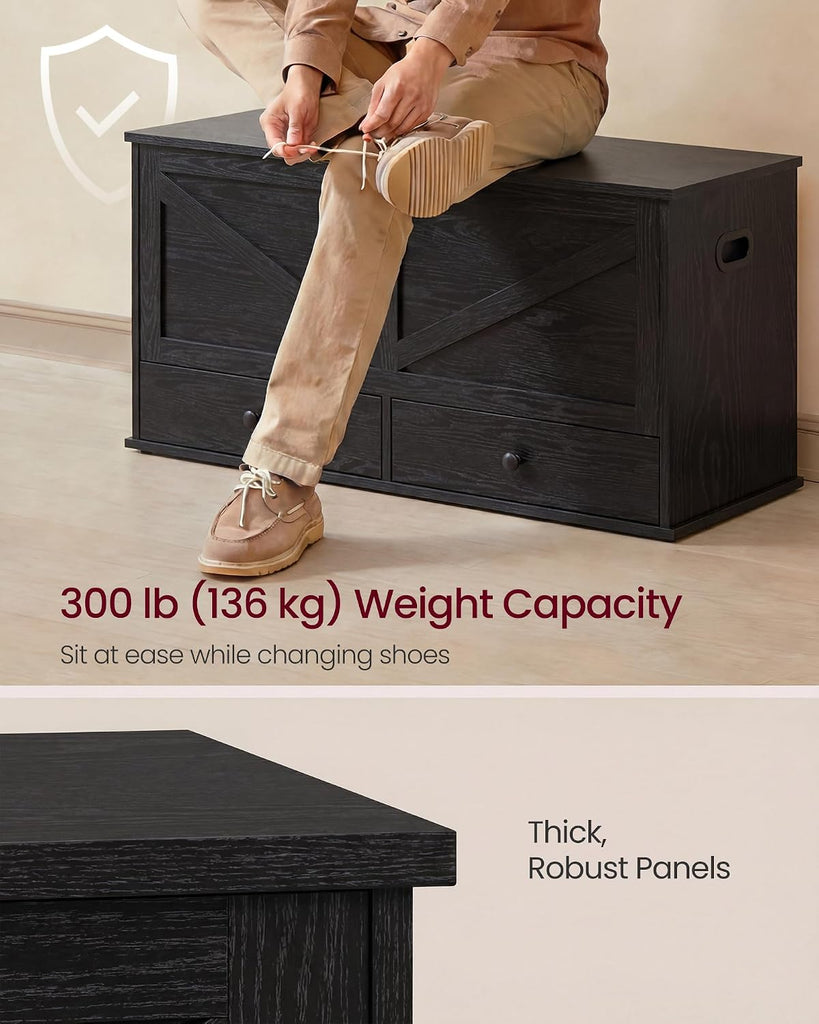 Storage Chest, Storage Bench with 2 Fabric Drawers, Farmhouse Style, 15.7 x 39.4 x 19.9 Inches, Ebony Black ULSB043B02