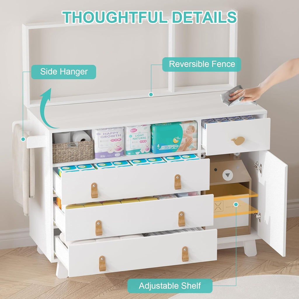 Baby Dresser with Changing Table Top, Baby Changing Table Dresser with 4 Drawers and Adjustable Shelves