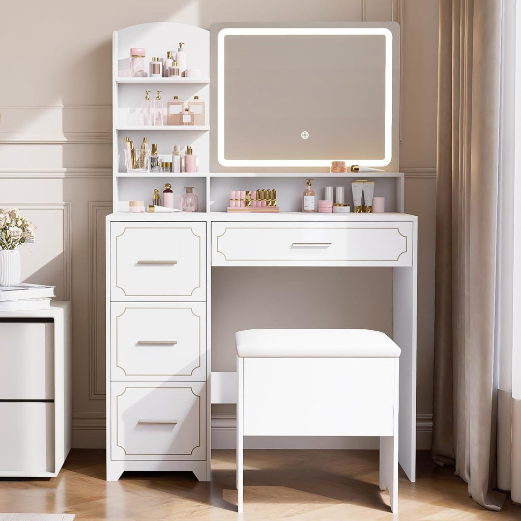 Vanity Table with LED Mirror & Power Outlet - 5 Open Shelves, 4 Drawers - Includes Padded Stool - Ideal Bedroom
