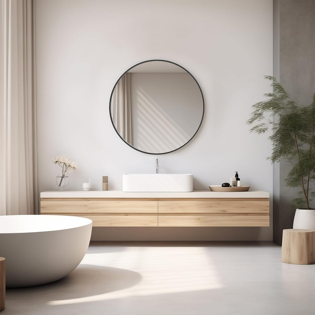 24 Inch Round Wall Mirror with Tempered Glass, Bathroom Mirror Over Sink, Anti-Fog & Waterproof Round Mirror